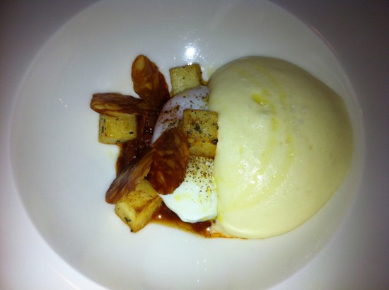 Slow Cooked Egg, Chorizo & Patas Bravas