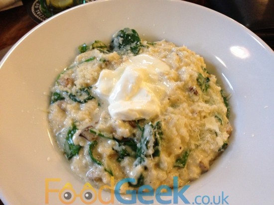 Spinach & Mushroom Risotto, Herb Oil & Sour Cream
