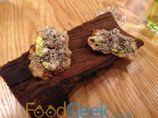 Amuse Bouche - Onion Bread, Smoked Eel, Fried Potato, Onion Seeds & Onion Ashes