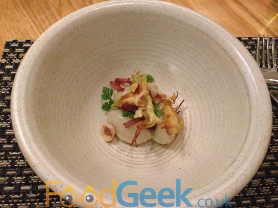 Artichoke Broth, Truffle Dumplings, Bacon, Radish & Hazlenut