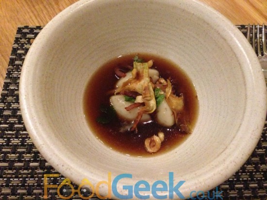 Artichoke Broth, Truffle Dumplings, Bacon, Radish & Hazlenut