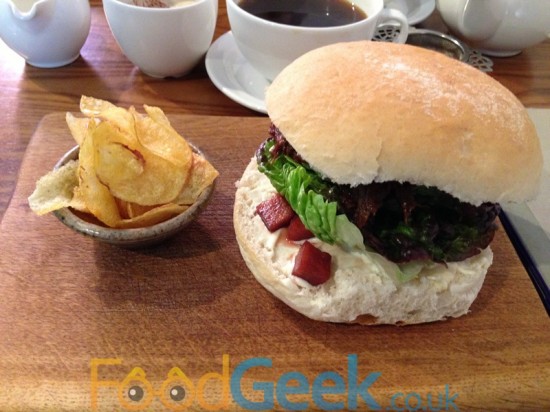 Hot pulled pork, pickled apple. little gem lettuce