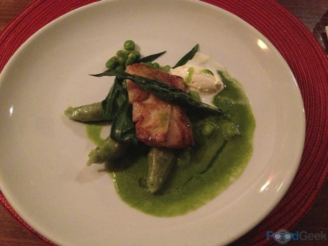 Haddock, watercress & garlic velouté, with wild garlic gnocchi