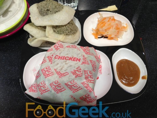 Chicken Yo! Burger, Nori Crackers, Daikon slaw & Misochup Chicken Yo! Burger, Nori Crackers, Daikon slaw & Misochup