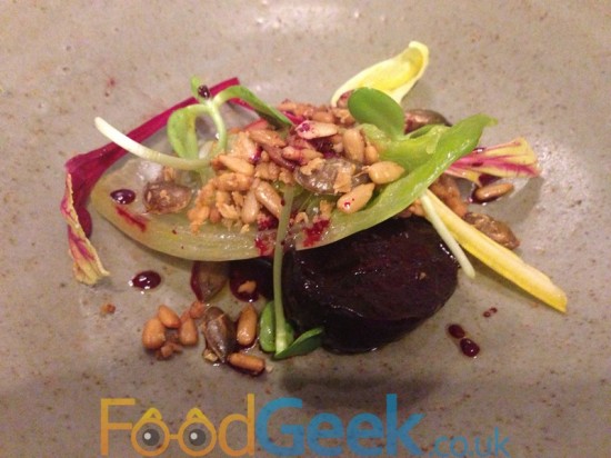 Salt baked beets, smoked yolk, baby gem and toasted seeds