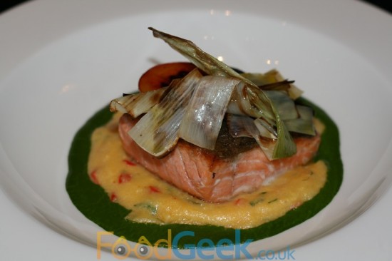 Chipotle polenta, hot smoked salmon, leeks and parsley coulis