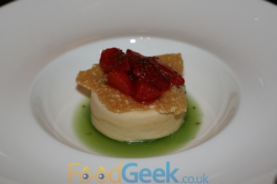 Peanut parfait, marinated strawberries and sweet cucumber syrup