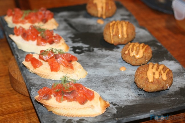 Canapés: Bourbon cured salmon & Torchon of suckling pig head