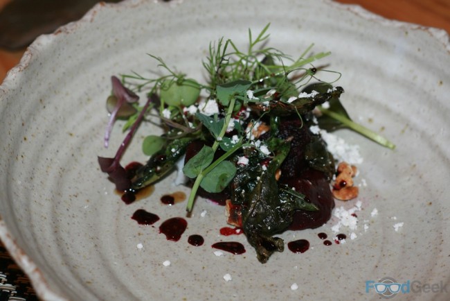 Salt baked beets, goat's cheese, walnut & kale
