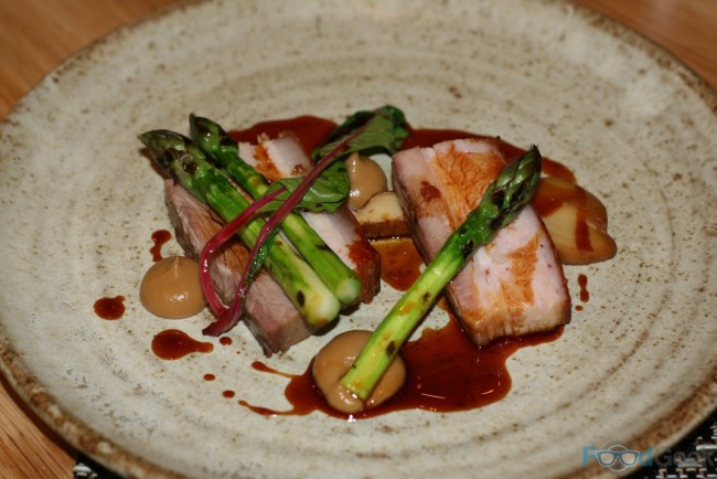 Cumbrian pork belly, barbecued asparagus, salt baked abalone, mulled cider sauce