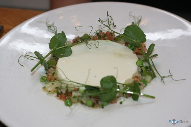 Pea Bavarois, Agastache Jelly, Jersey Royals & Parmesan